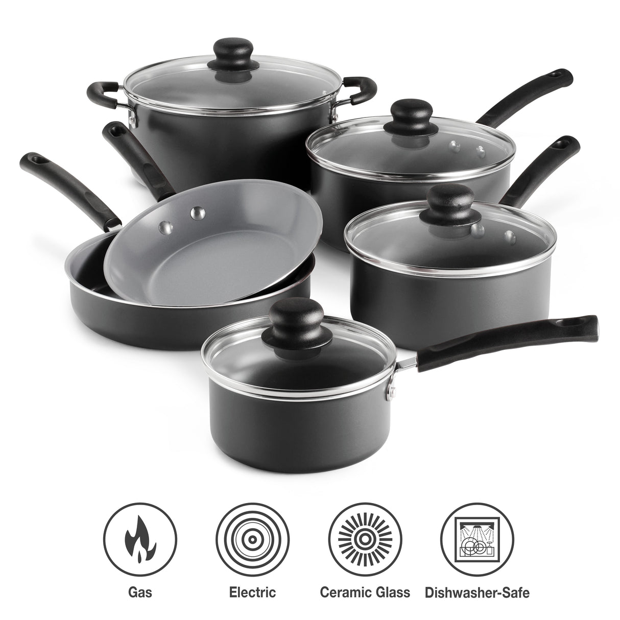 10 Piece Ceramic Nonstick Cookware Set, Steel Gray