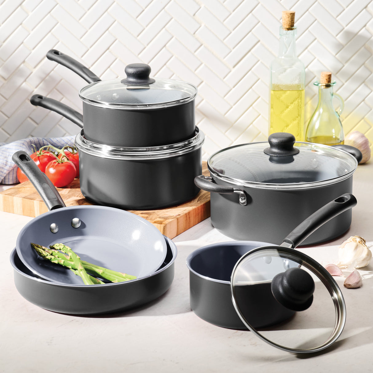 10 Piece Ceramic Nonstick Cookware Set, Steel Gray