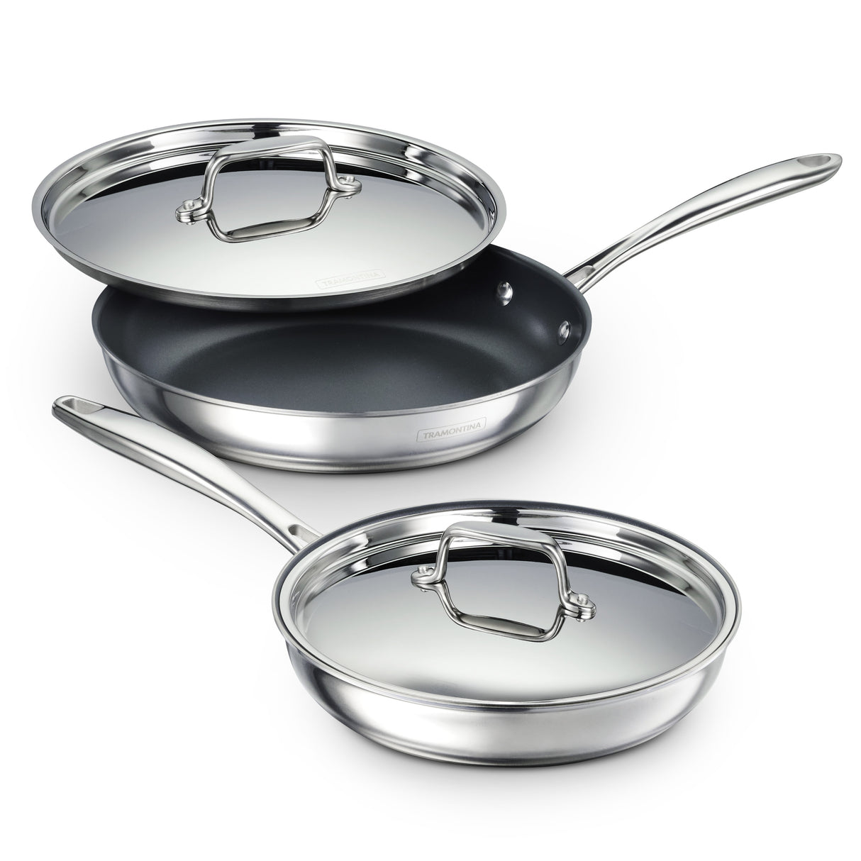 4 Piece Stainless Steel Fry Pan Set with Ceramic Nonstick Interior and Lids