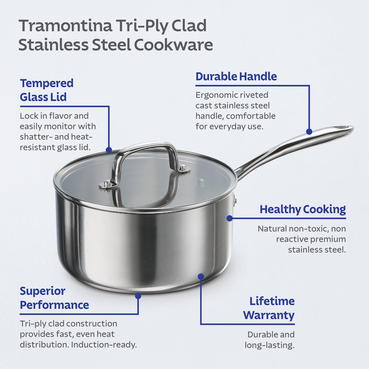 Triverge 3 Quart Tri Ply Clad Stainless Steel Sauce Pan with Lid