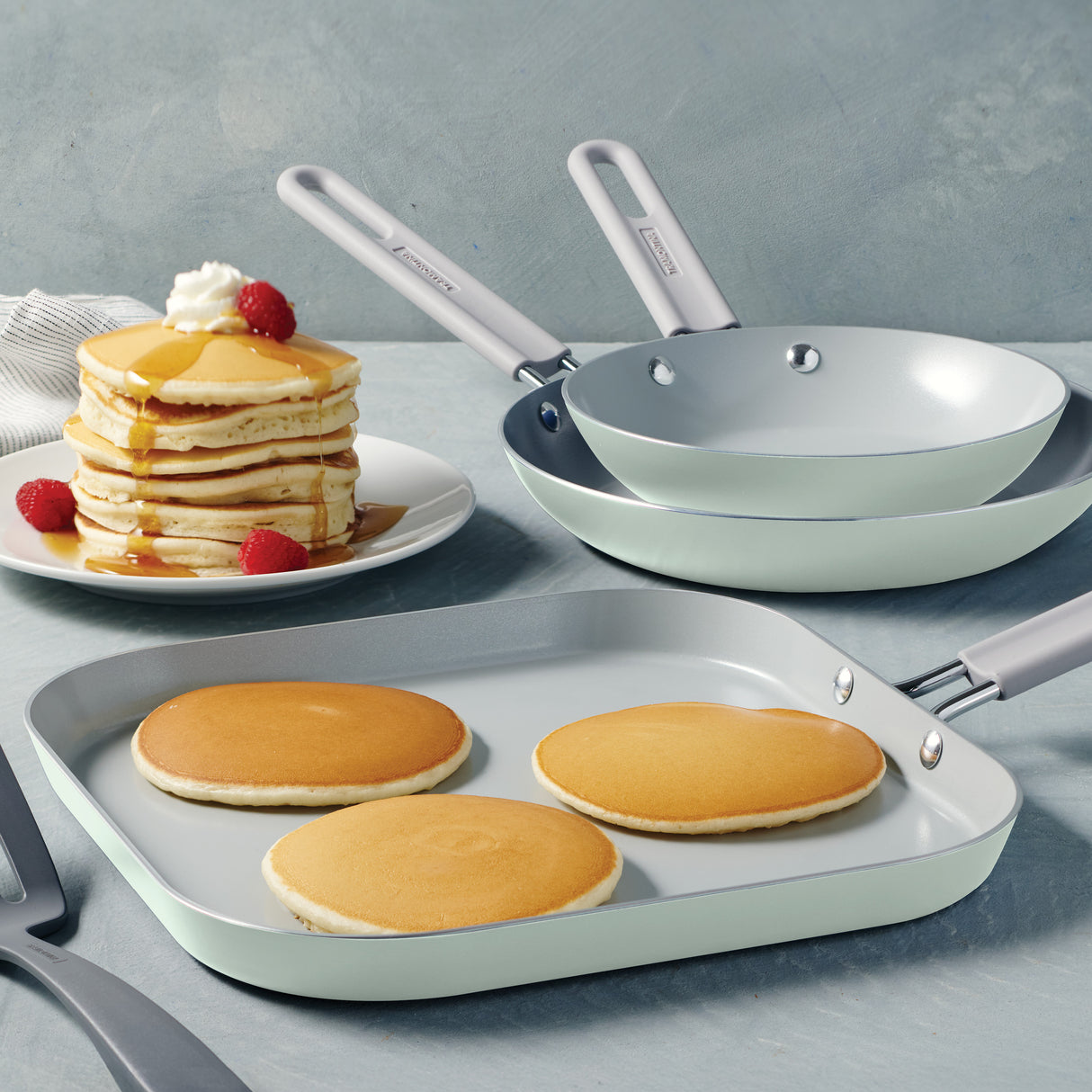 3-Piece Ceramic Fry Pan & Griddle Set – Mint