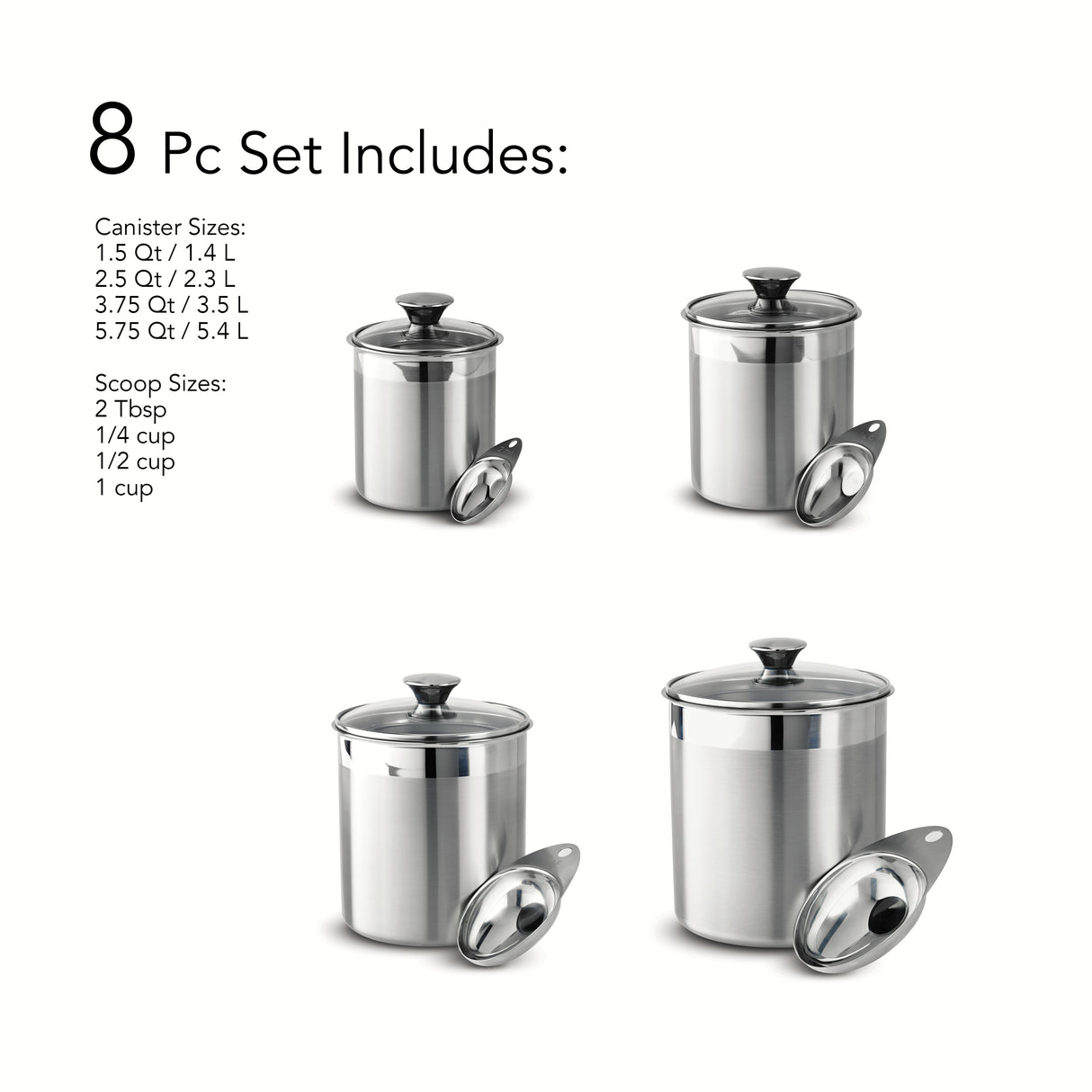 8 Piece Stainless Steel Covered Canister and Scoop Set