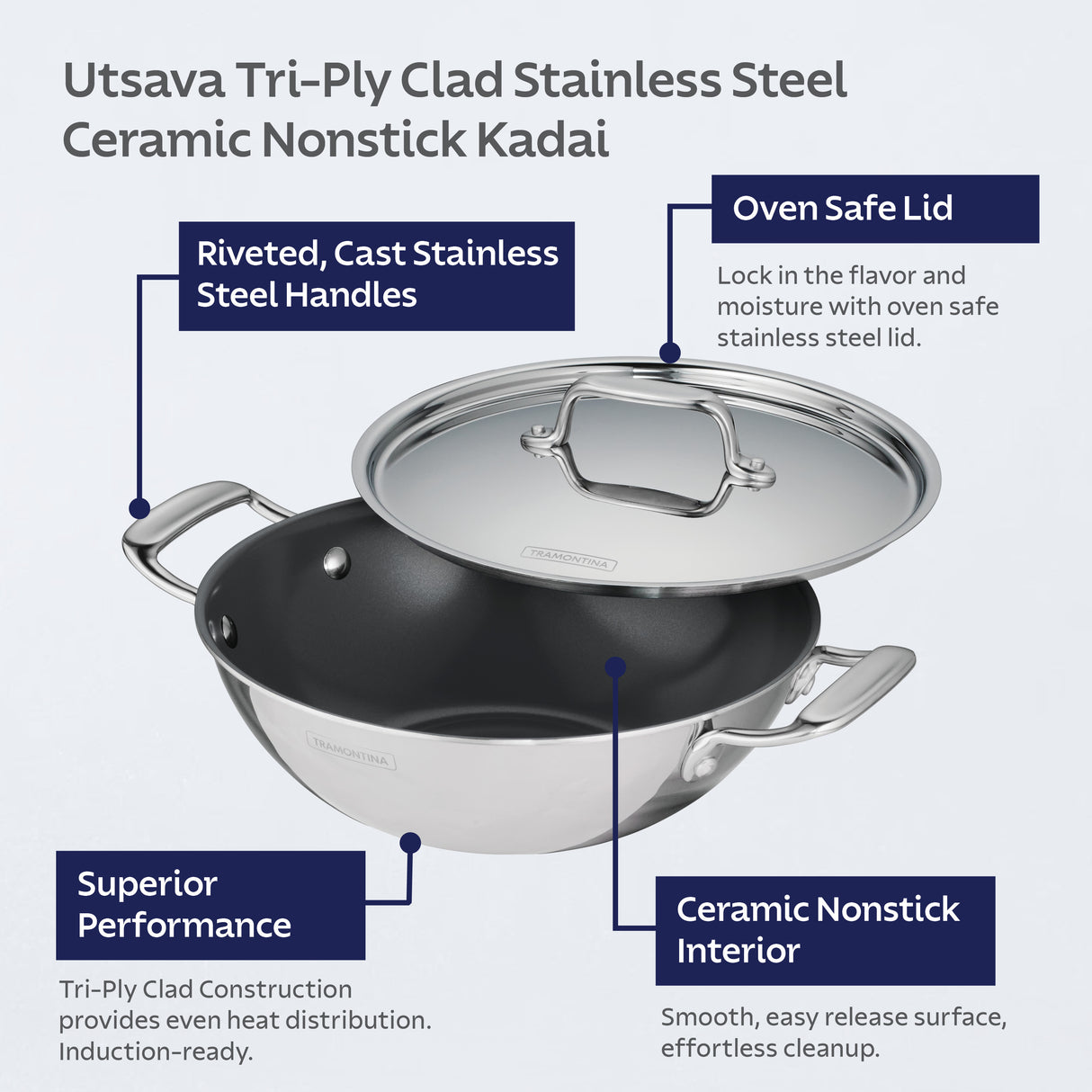 Utsava Tri-Ply Clad Covered Kadai with Ceramic Interior