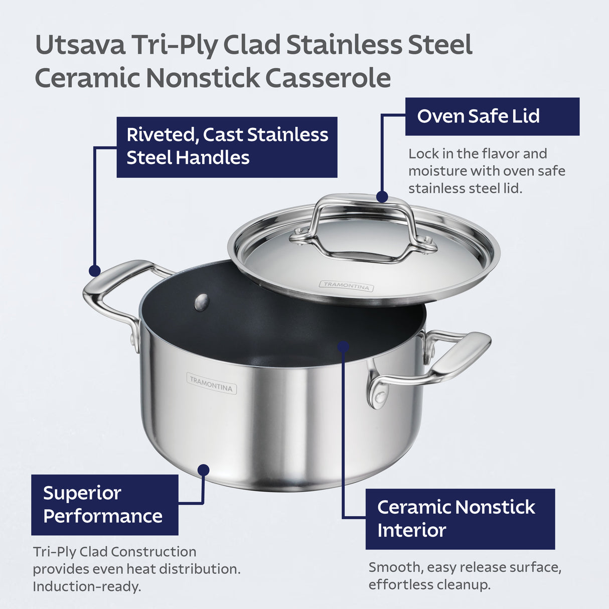 Utsava Tri-Ply Clad Covered Casserole with Ceramic Interior