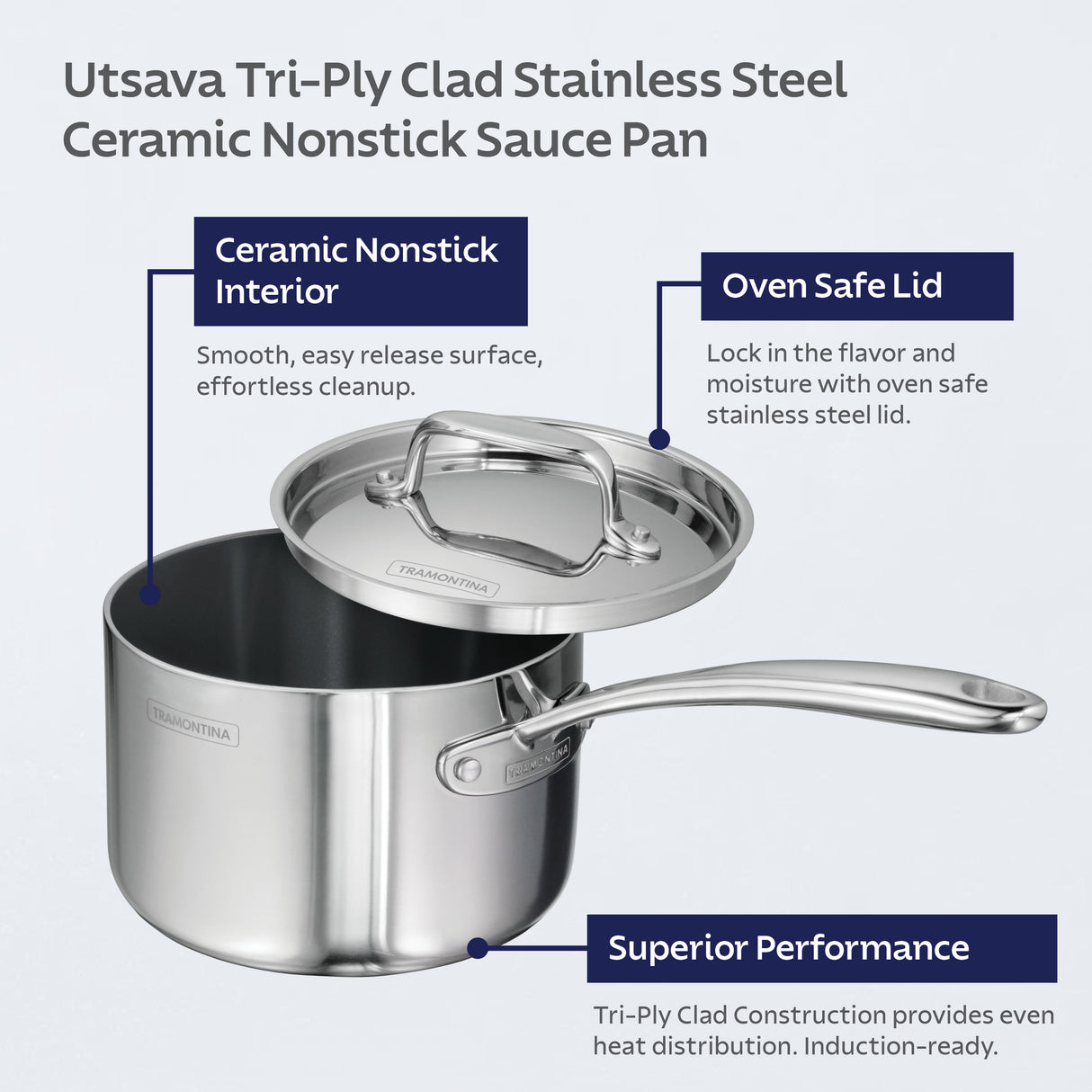 Utsava Tri-Ply Clad 2.2 Qt Covered Saucepan with Ceramic Interior