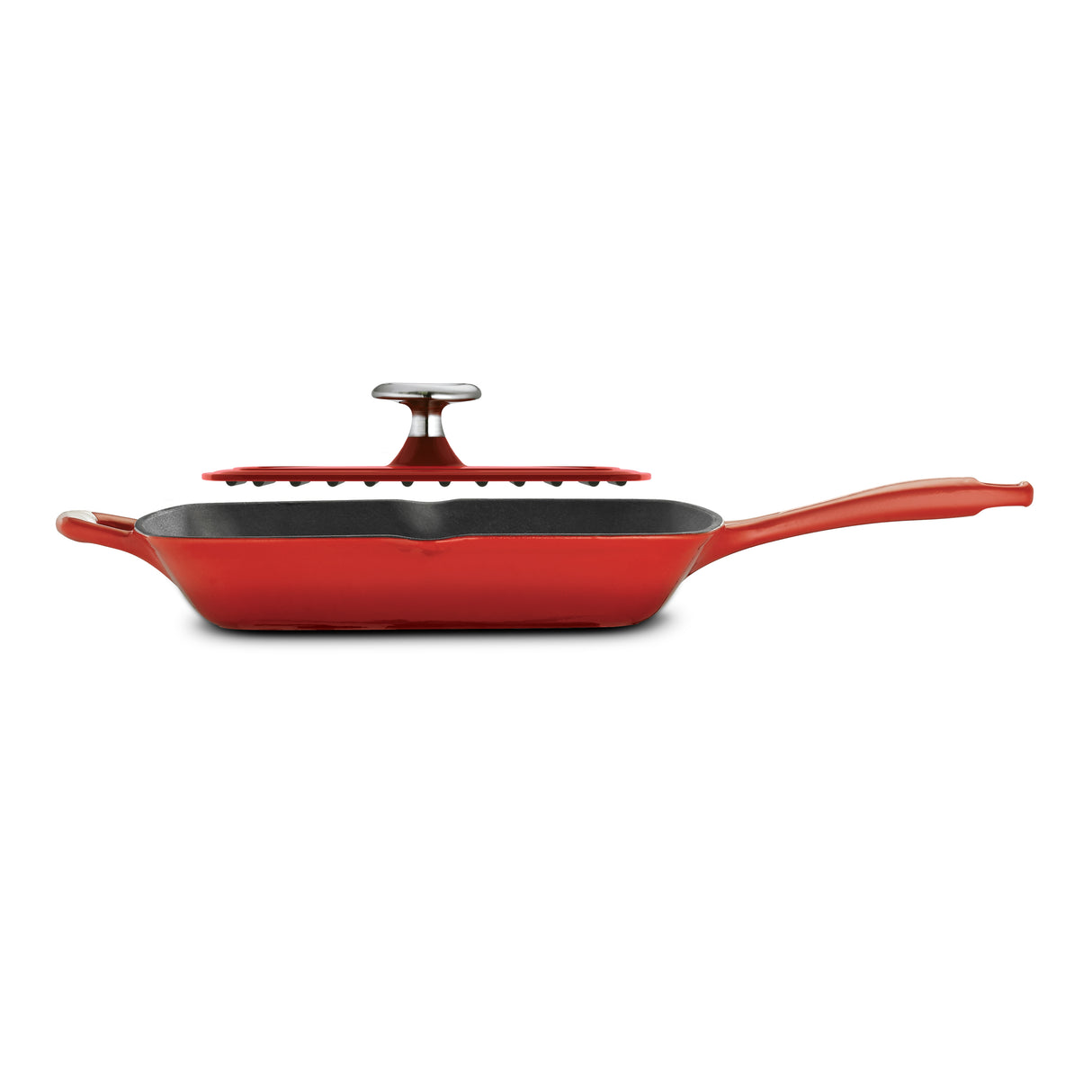 Bestow 11 in Enameled Cast-Iron Grill Pan with Press - Gradated Red