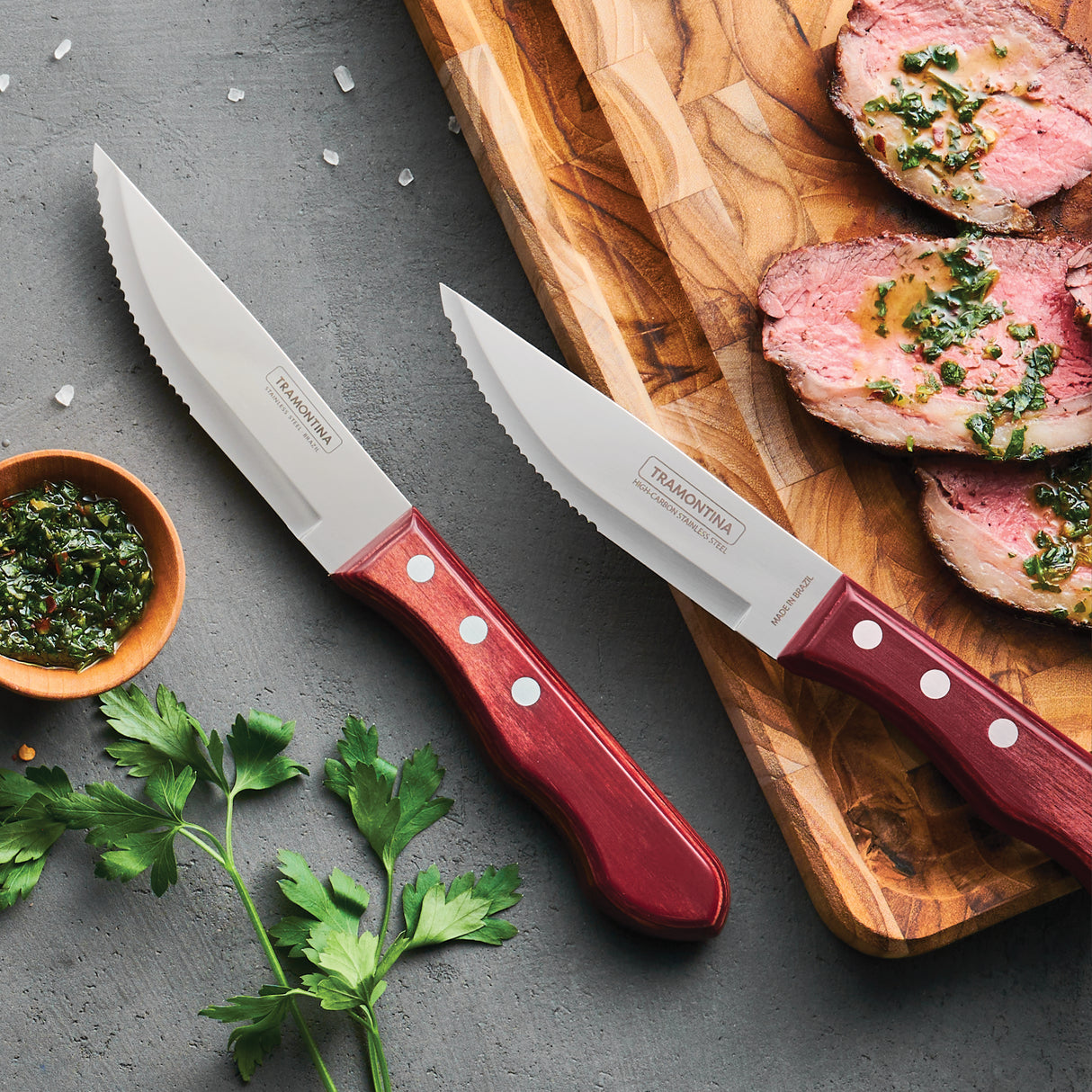 Porterhouse 5 Piece Steak Knife Set - Pointed - w/Hardwood Counter Block