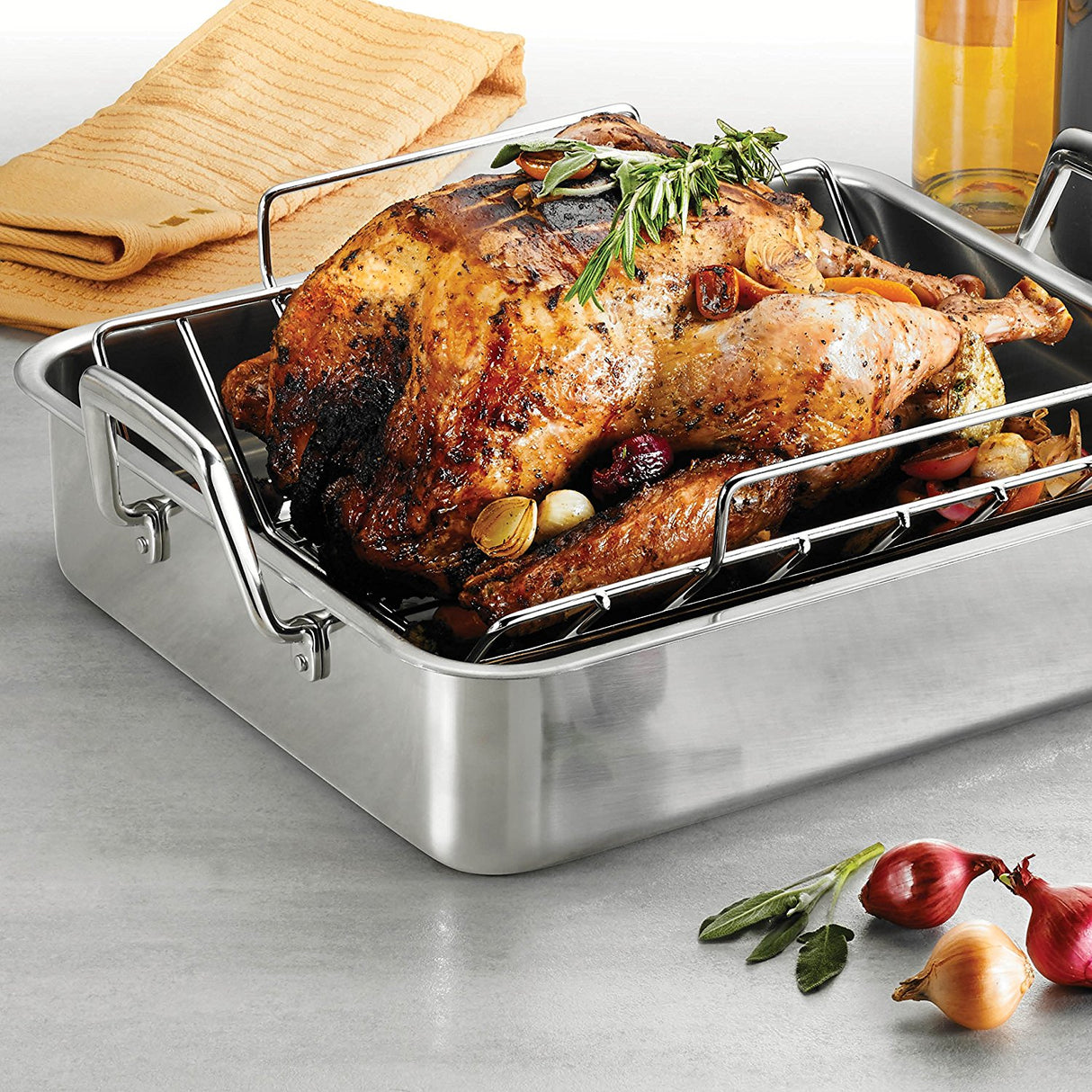 Prima 16.5 in Stainless Steel Deep Roasting Pan - Includes Basting Grill & V-Rack