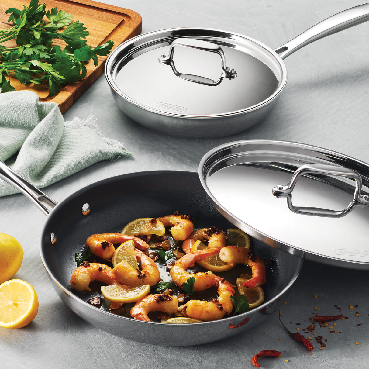 4 Piece Stainless Steel Fry Pan Set with Ceramic Nonstick Interior and Lids
