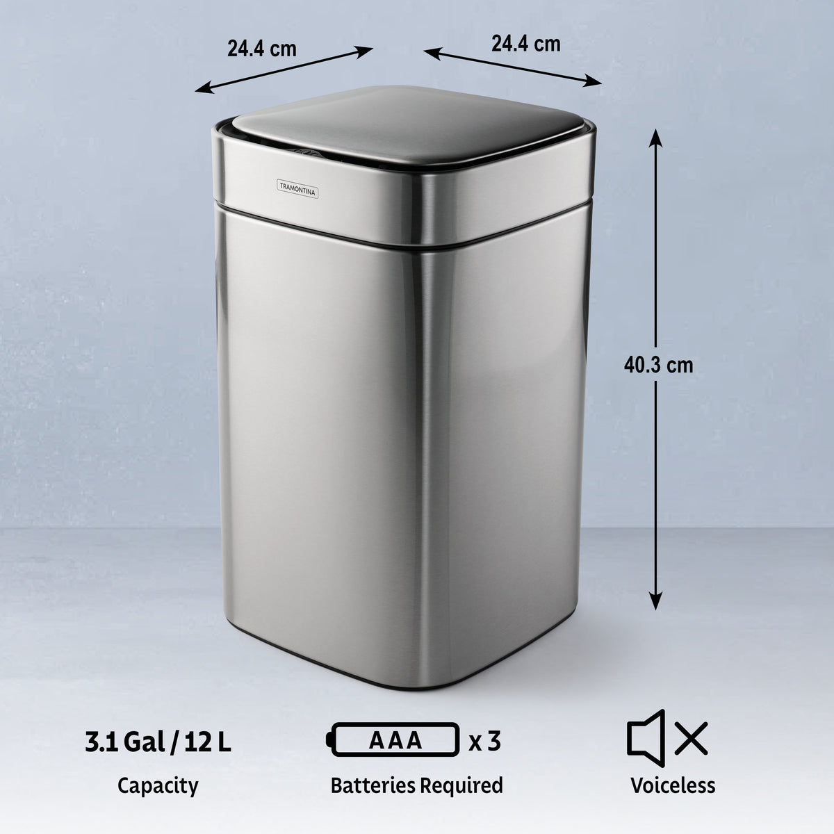 3.17 Gallon Stainless Steel Square Sensor Bin with SS Capped Lid