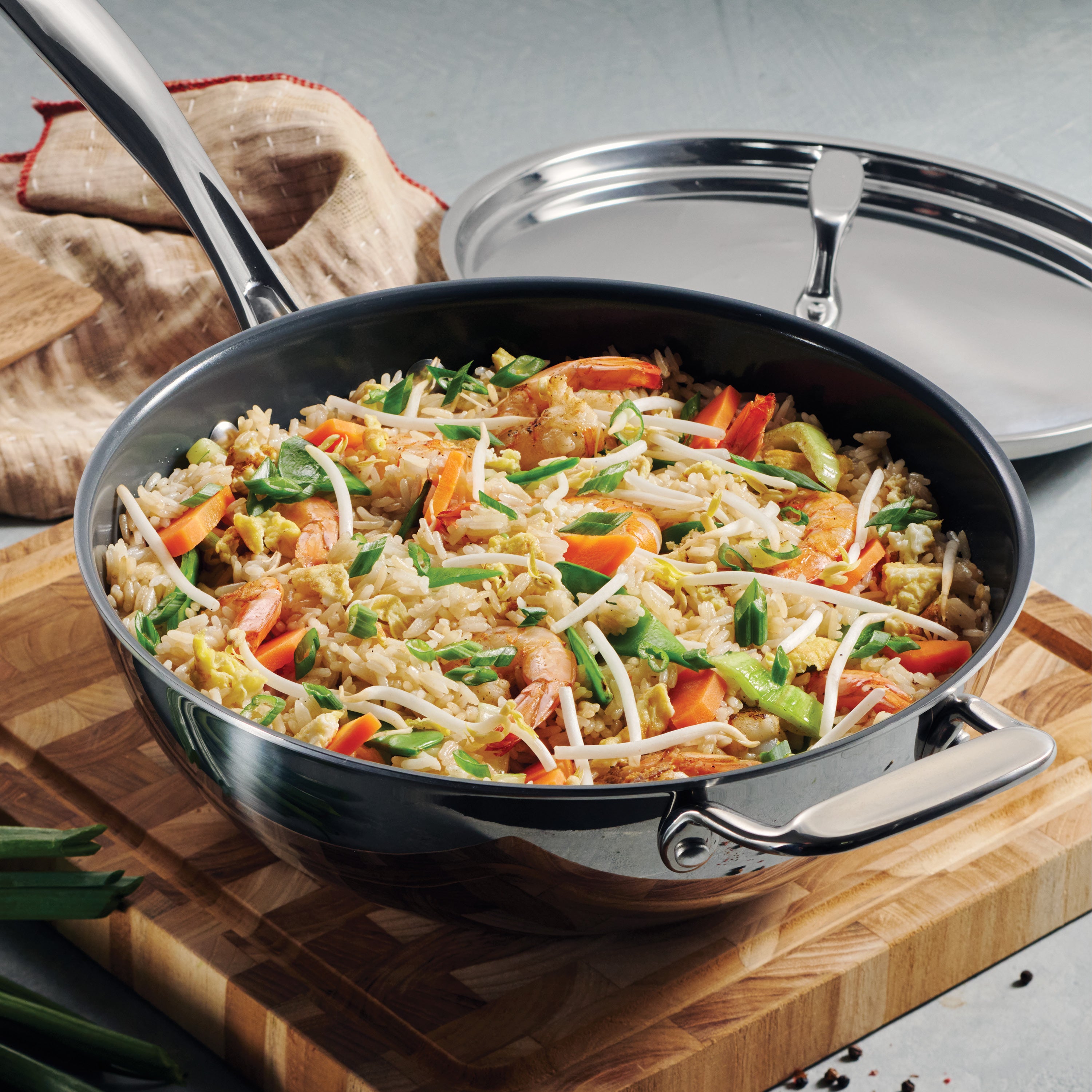 Utsava Tri-Ply Clad 3.75 Qt Covered Wok with Ceramic Interior