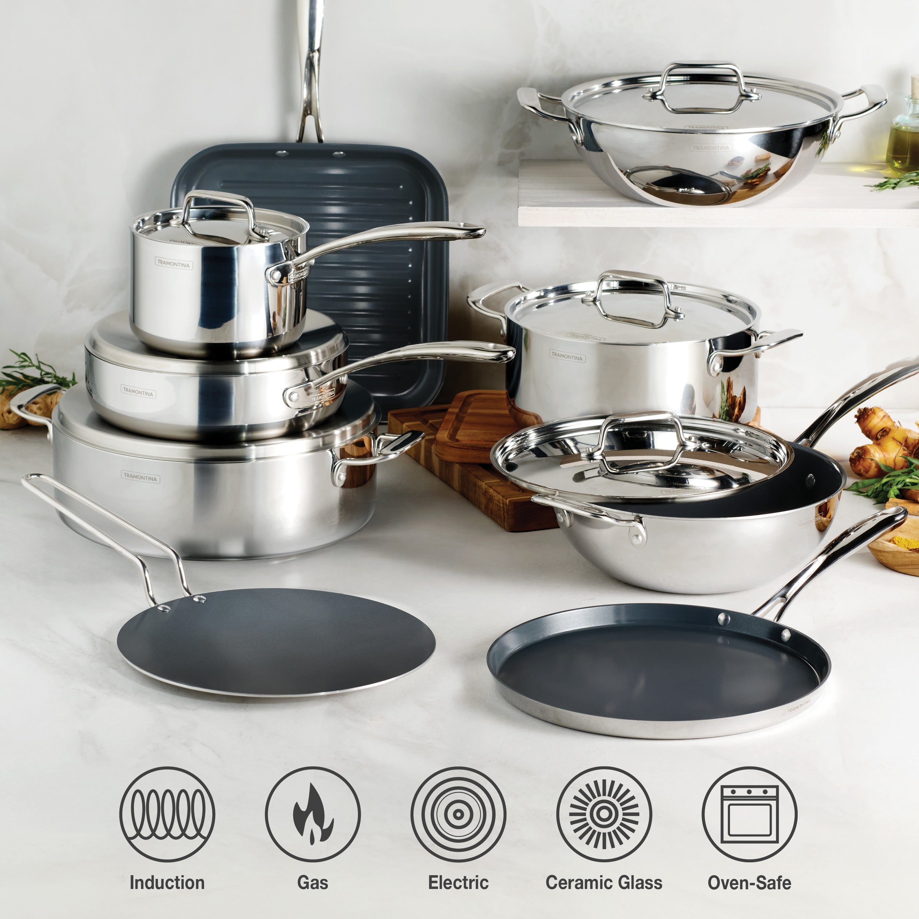 Utsava Tri-Ply Clad 3.75 Qt Covered Wok with Ceramic Interior