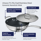 Utsava Tri-Ply Clad 3.75 Qt Covered Wok with Ceramic Interior