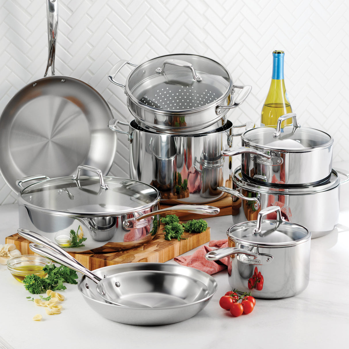 Tri-Ply Clad Stainless Steel Cookware Set with Glass Lids – Tramontina USA